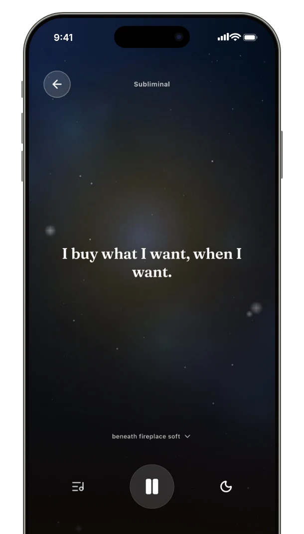 El reproductor de subliminales de Vize reproduciendo la afirmación I buy what I want, when I want (Compro lo que quiero, cuando quiero) bajo el sonido ambiente fireplace soft (chimenea suave)